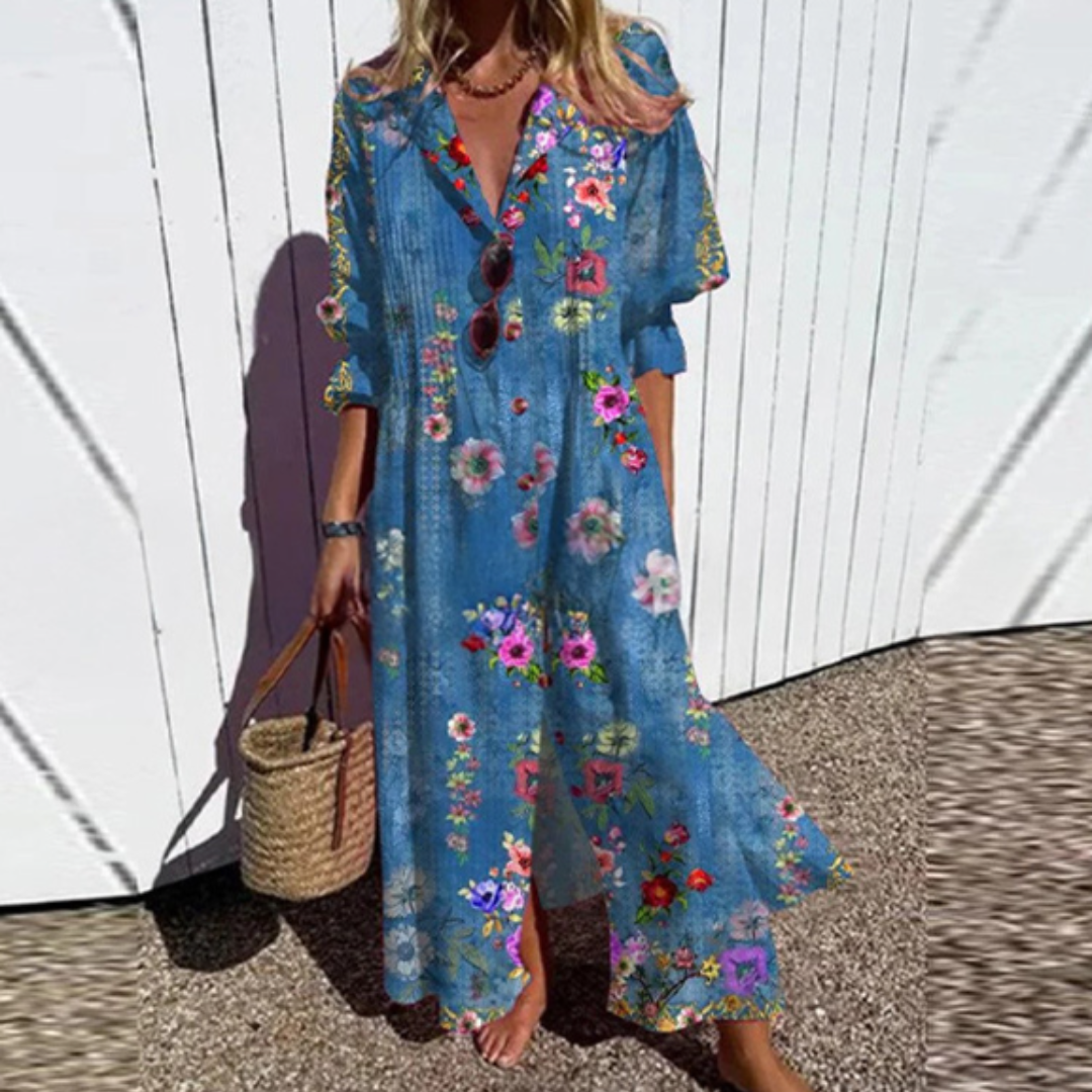 Livia | Dames Maxi Jurk - Bloemenprint, Lichtgewicht en Ademend Blauwe Bloemen