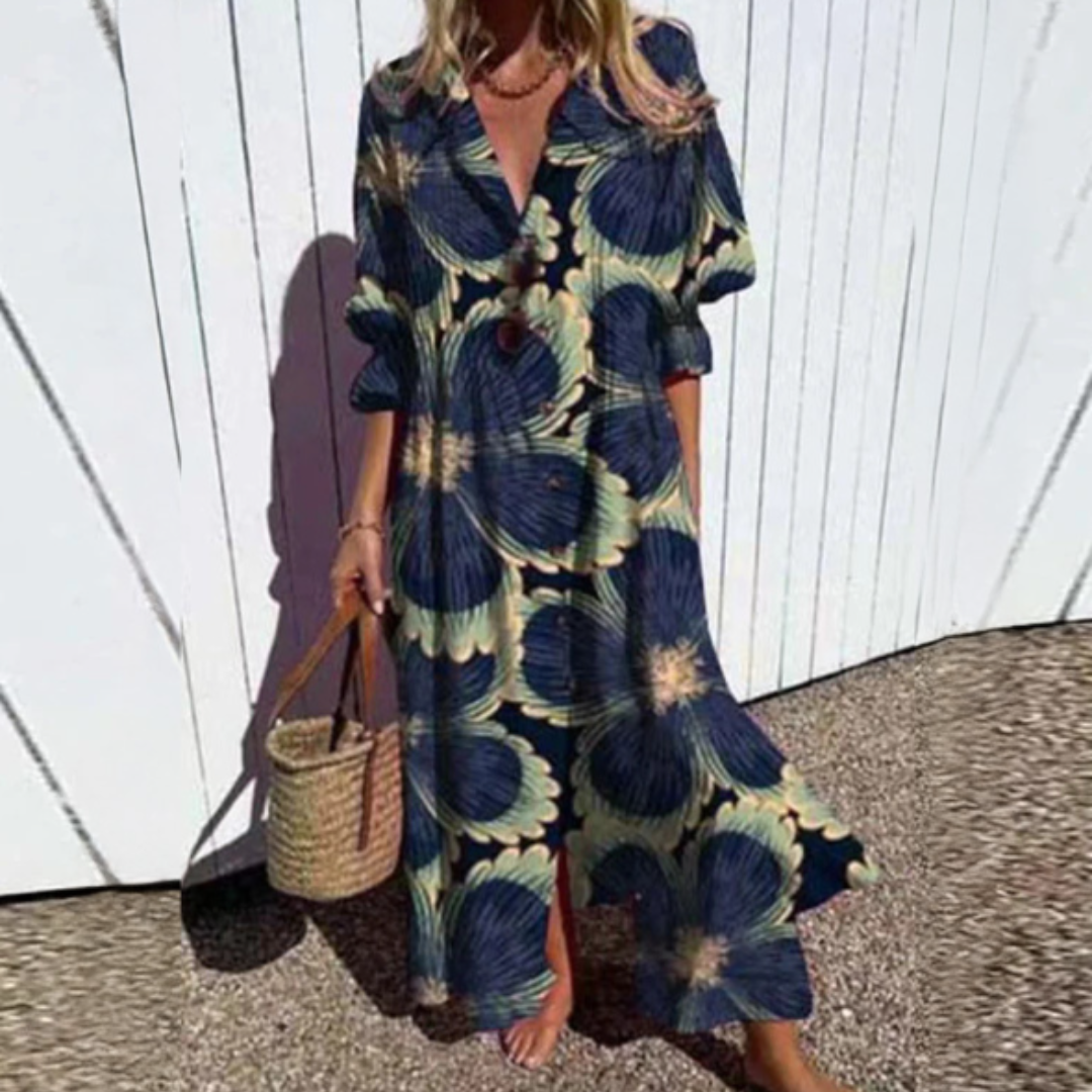 Livia | Dames Maxi Jurk - Bloemenprint, Lichtgewicht en Ademend Donkere Bloemen