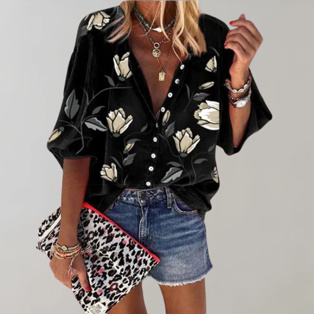 Amara | Blouse Dames - Bloemenprint Zwart