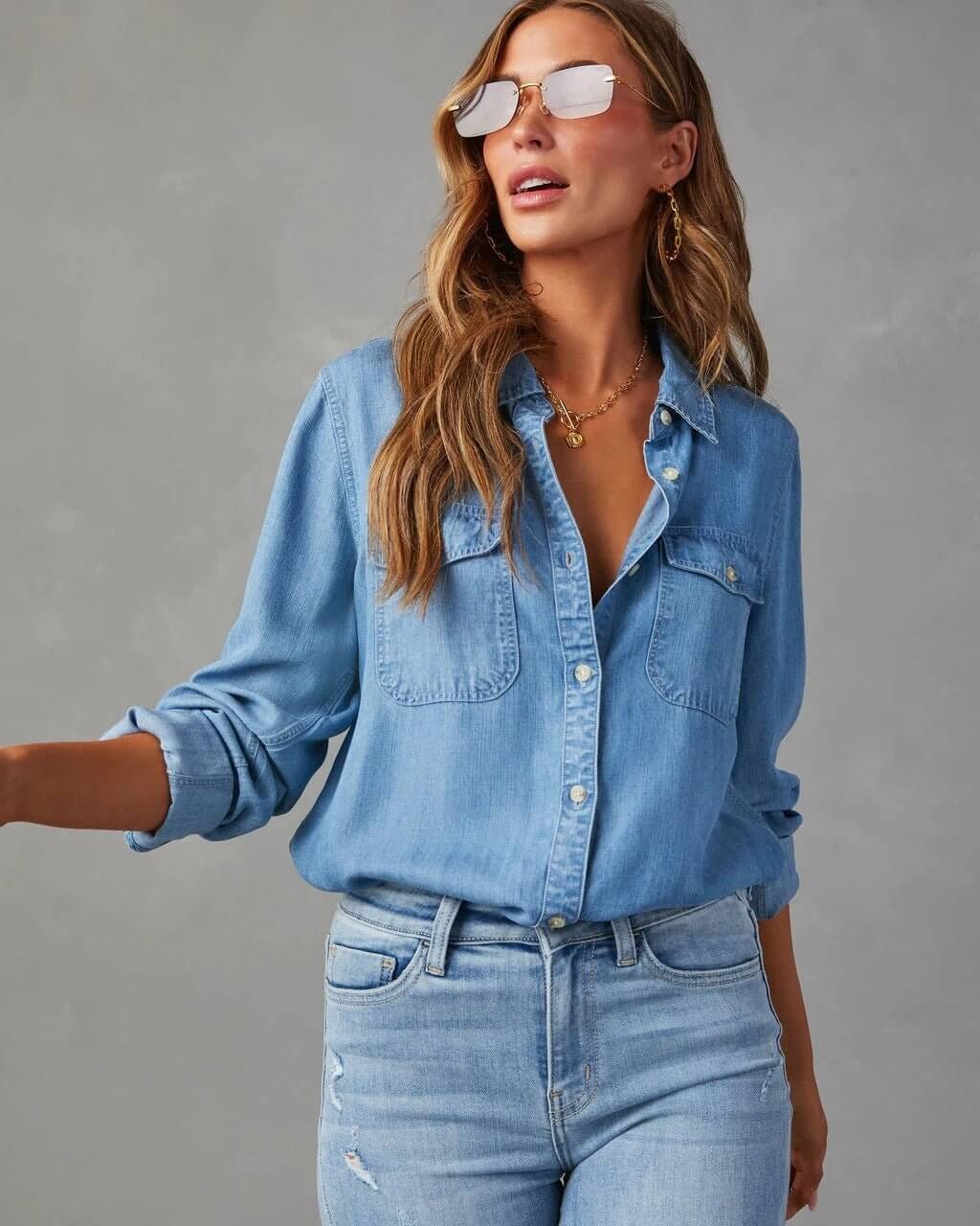 Luna | Overhemd Dames - Blauw Denim Katoen - Casual