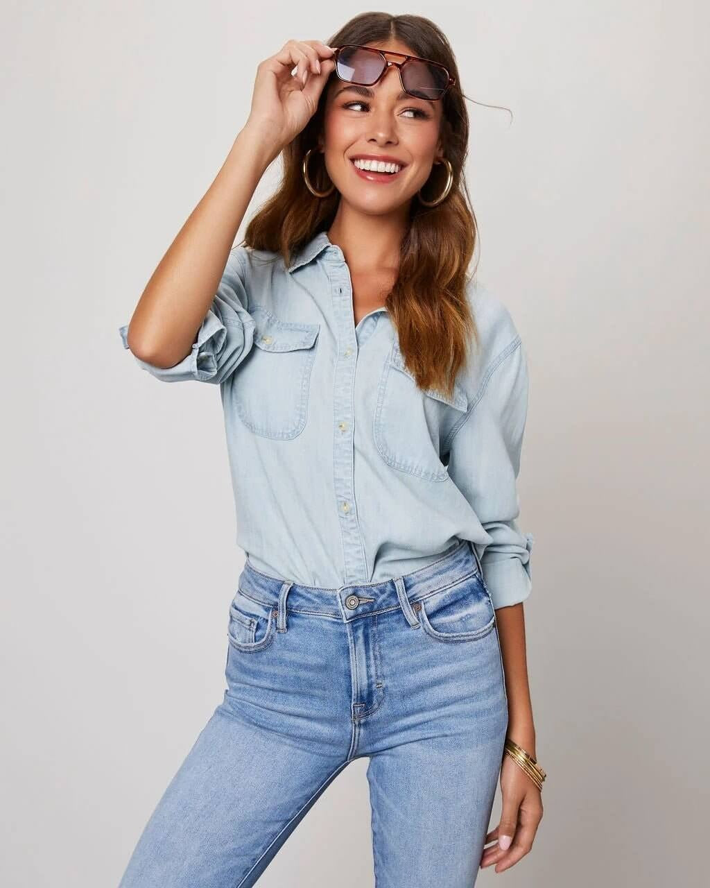 Luna | Overhemd Dames - Blauw Denim Katoen - Casual Lichtblauw