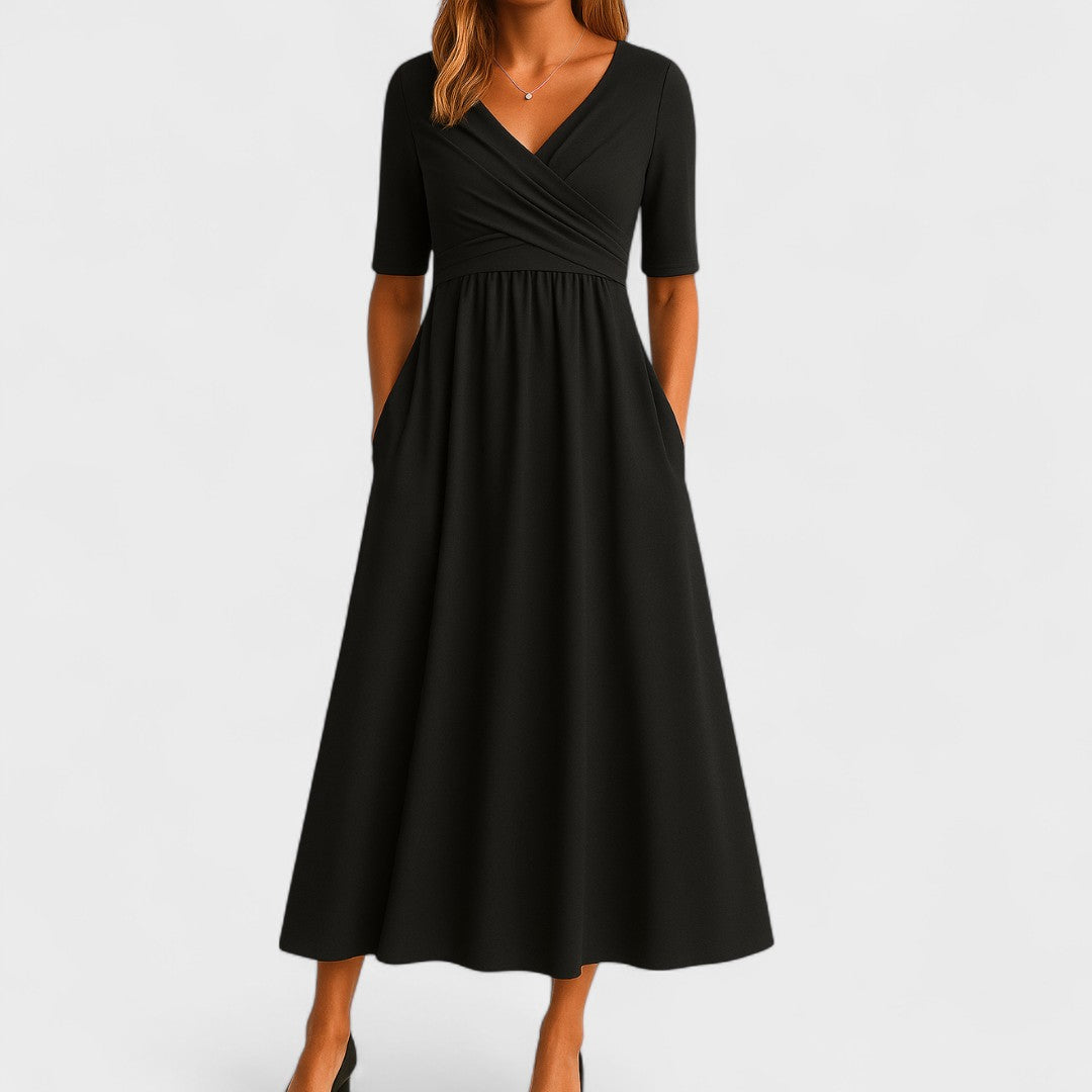 Luna | Dames Midi Jurk - Ademend Polyester, Flatterend Ontwerp Zwart
