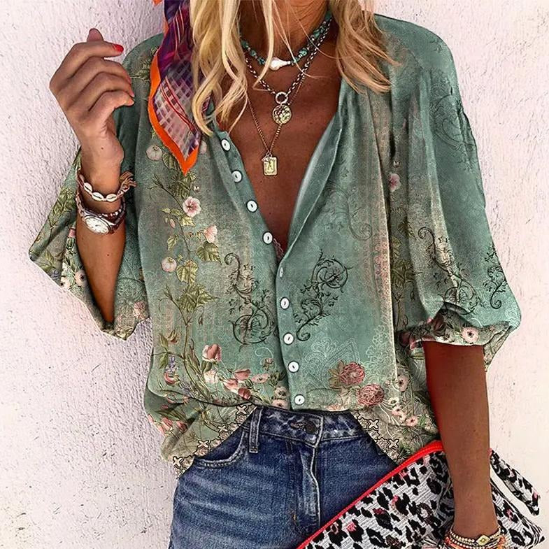 Yvaine | Blouse Dames - Bloemenprint - Textuur Groen