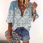 Yvaine | Blouse Dames - Bloemenprint - Textuur Blauw