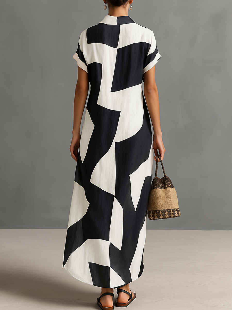 Mia | Dames Maxi Jurk - Katoen-Linnen Mix, Geometrische Print