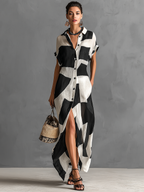 Mia | Dames Maxi Jurk - Katoen-Linnen Mix, Geometrische Print