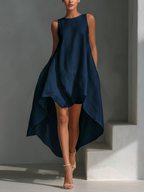 Mia | Dames Midi-Jurk - 100% Linnen, Mouwloos Asymmetrische Zoom Marineblauw