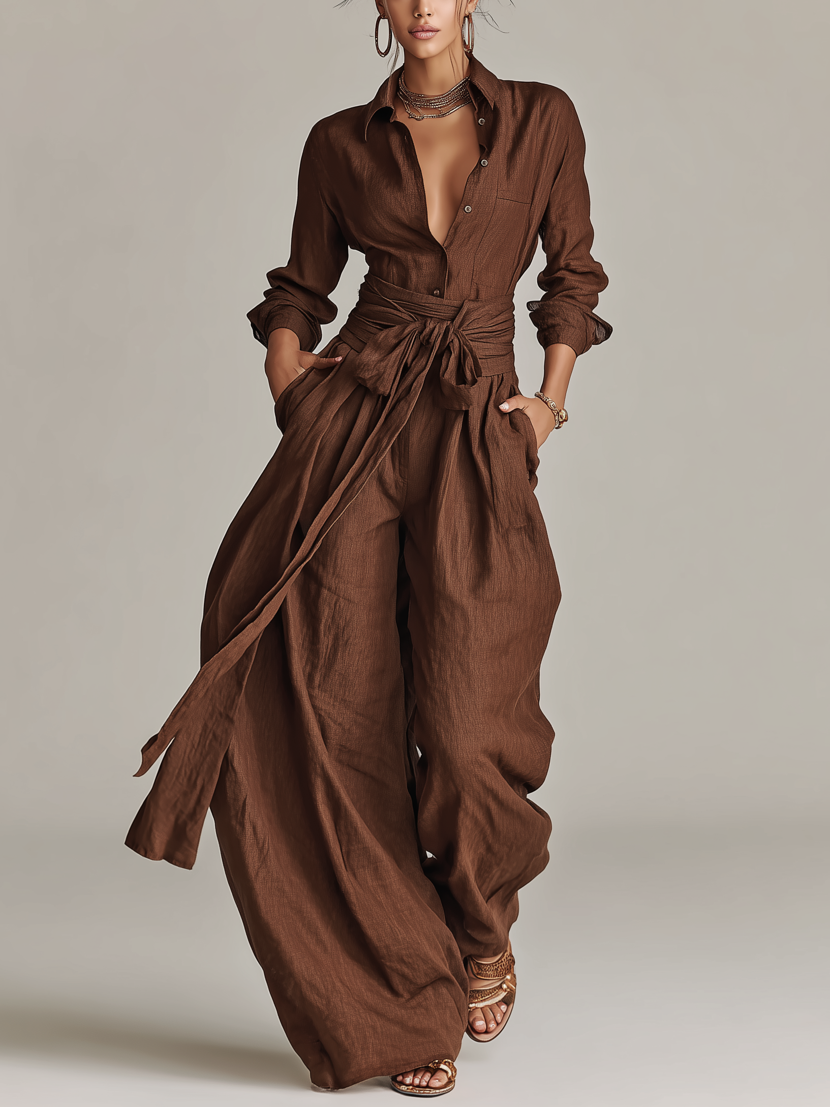 Mila | Dames Jumpsuit - Katoen-Linnen Mix, Elegante Stijl Bruin