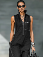 Mila | Dames Jumpsuit - Losse Pasvorm, Zwart met Witte Bies