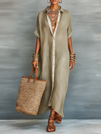 Mila | Lange Dames Jurk - Ademend Linnenmix, Casual Maxi Overhemdstijl Kaki