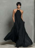 Mila | Dames Lange Jurk - Ademend Linnenmix met Halterhals