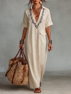 Mila | Dames Lange Jurk - Ademend Linnenmix met Geborduurde Details Beige