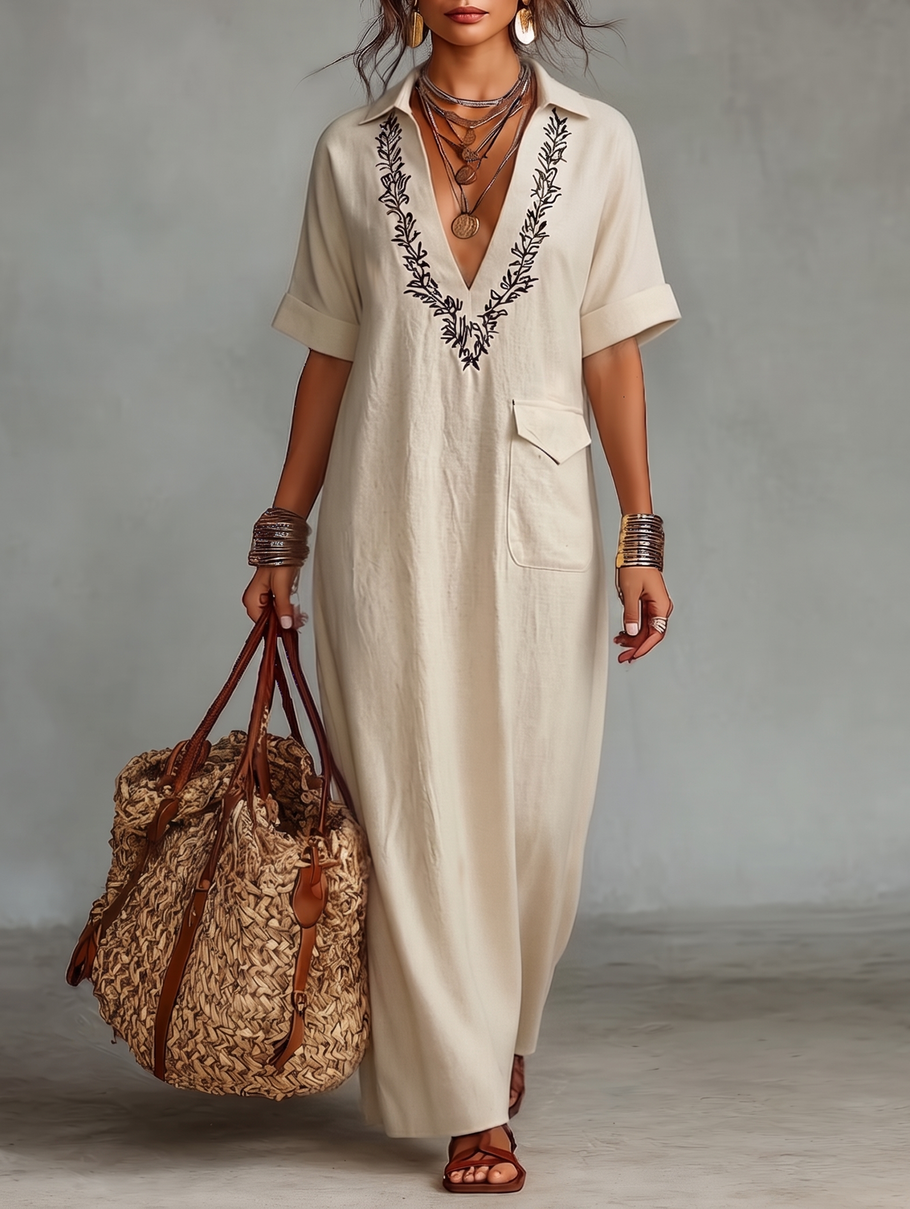 Mila | Dames Lange Jurk - Ademend Linnenmix met Geborduurde Details Beige