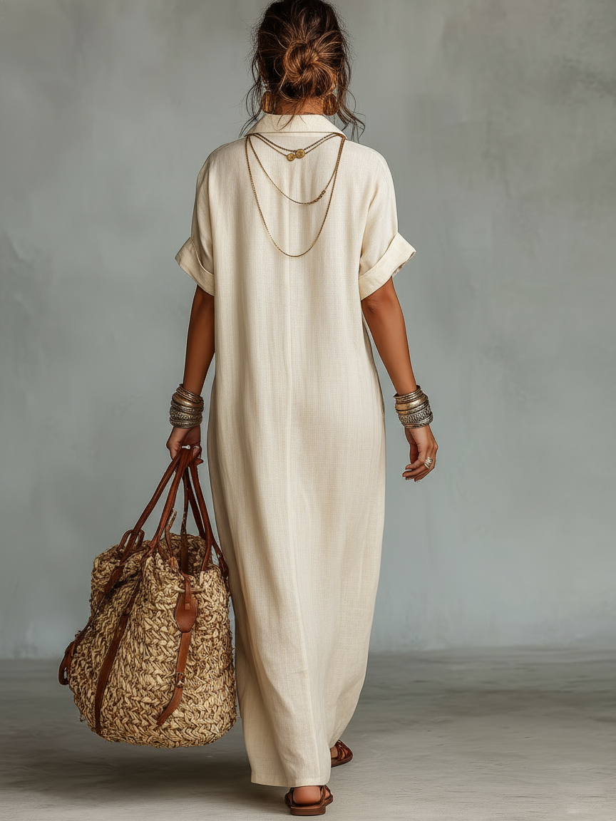 Mila | Dames Lange Jurk - Ademend Linnenmix met Geborduurde Details