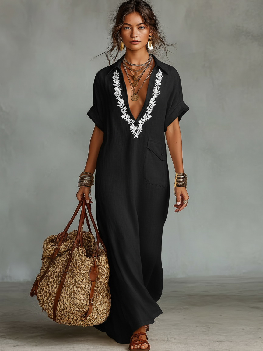 Mila | Dames Lange Jurk - Ademend Linnenmix met Geborduurde Details Zwart