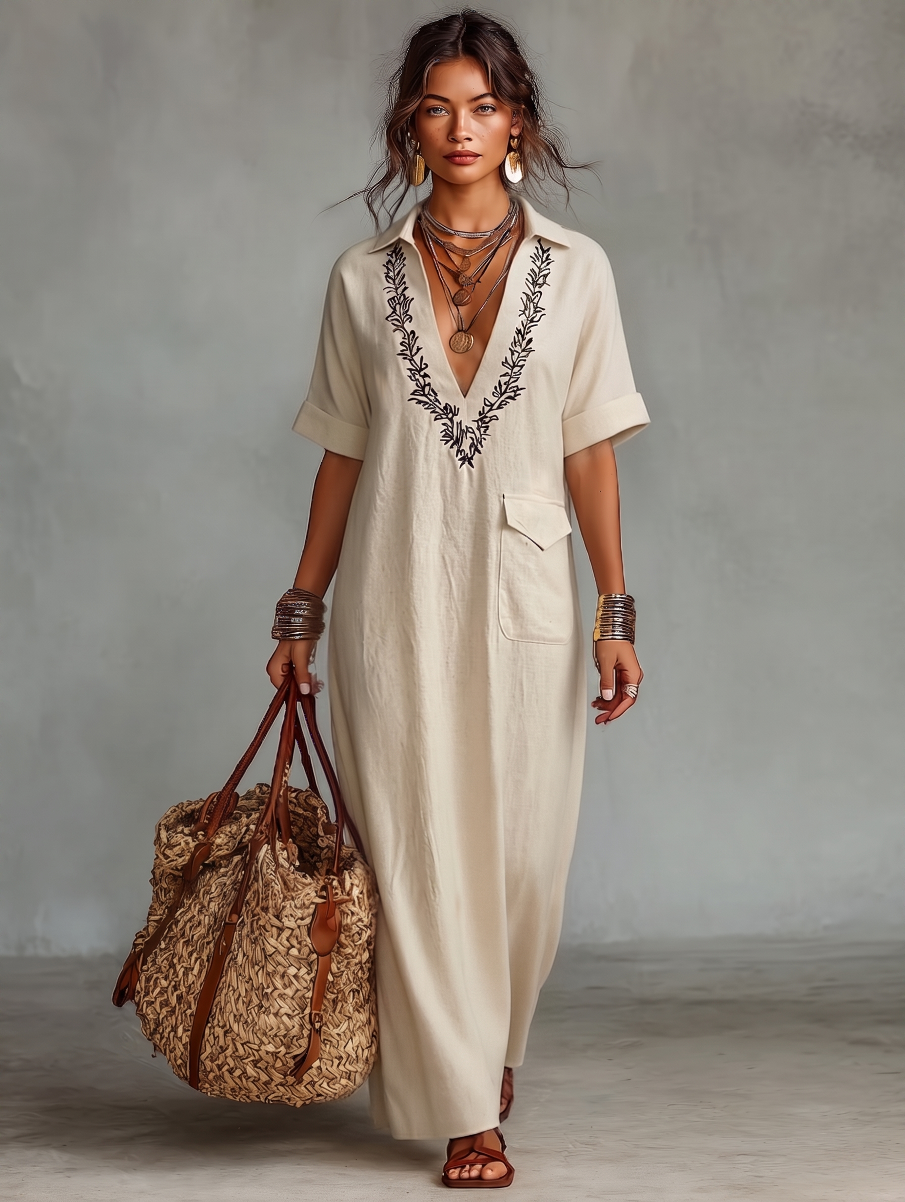 Mila | Dames Lange Jurk - Ademend Linnenmix met Geborduurde Details