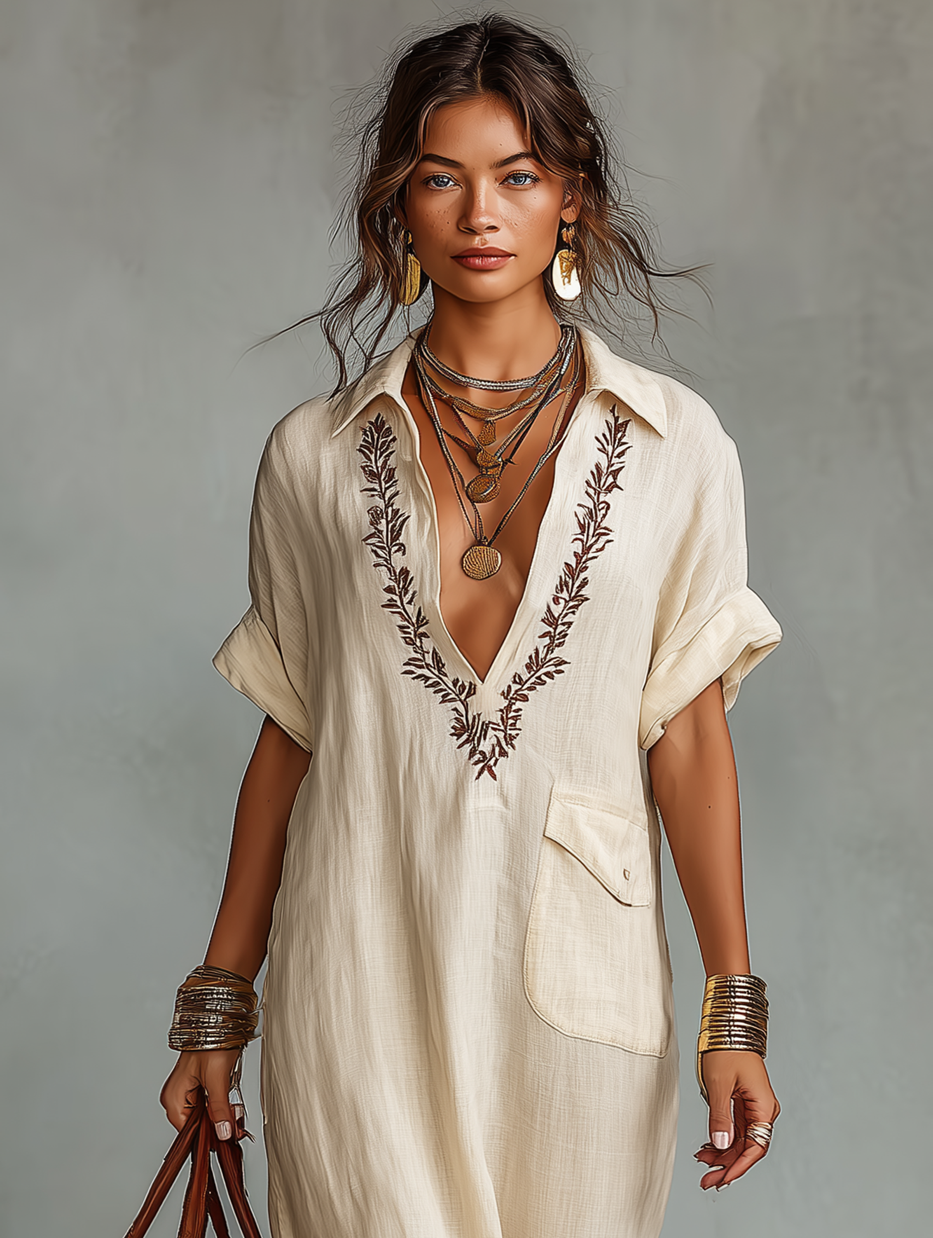 Mila | Dames Lange Jurk - Ademend Linnenmix met Geborduurde Details