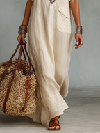 Mila | Dames Lange Jurk - Ademend Linnenmix met Geborduurde Details