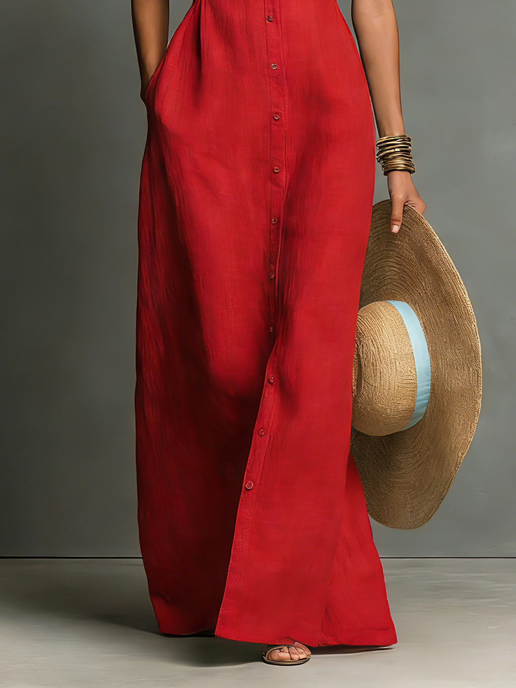 Mila | Dames Lange Jurk - Linnenmix, Mouwloos Maxi Overhemdjurk