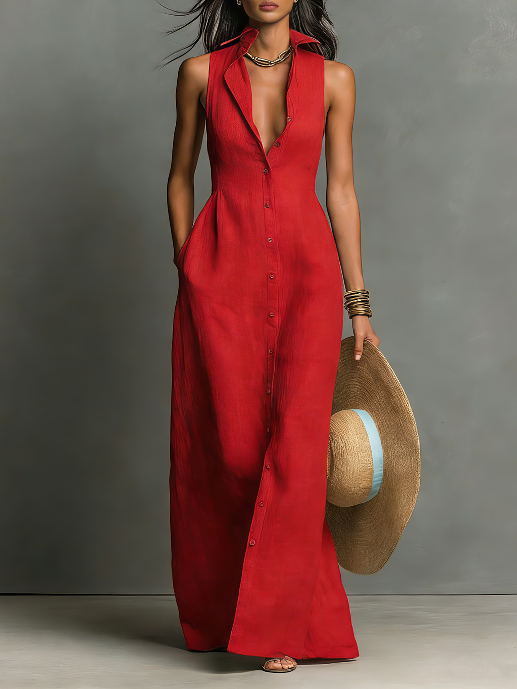 Mila | Dames Lange Zomerjurk - Ademend Linnenmix, Mouwloos Rood