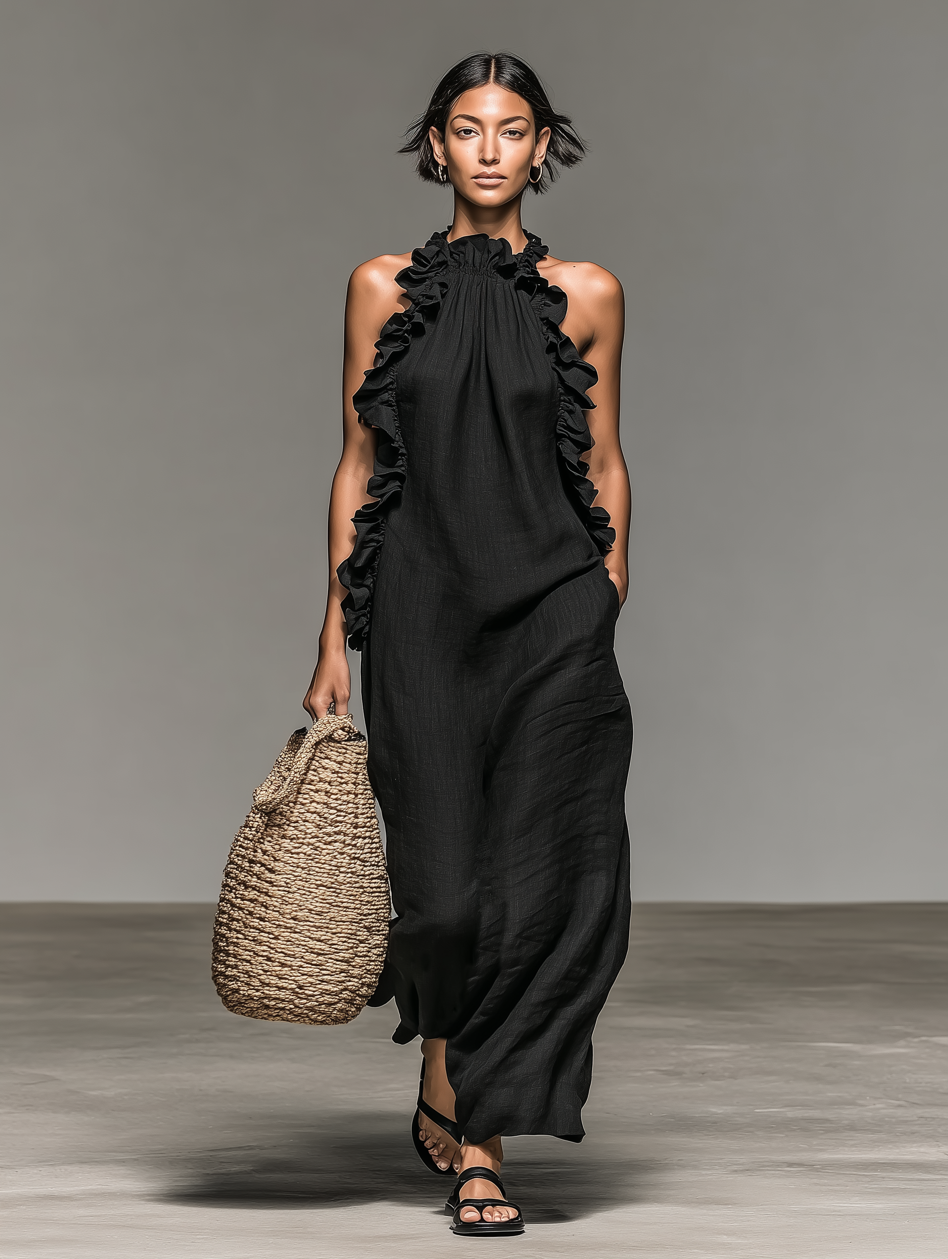 Mila | Dames Lange Zomerjurk - Ademend Linnenmix met Ruches