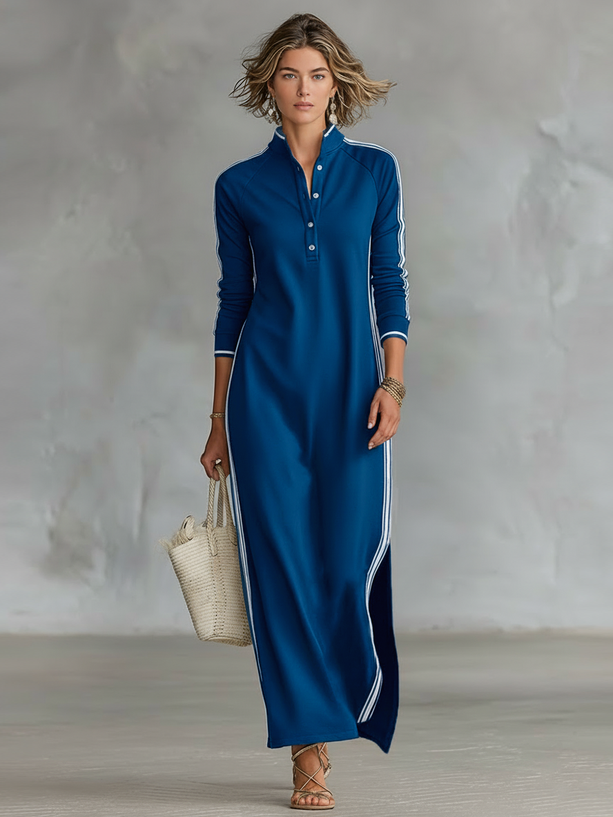 Mila | Dames Maxi Jurk - Zachte Sweatstof, Minimalistisch Design Blauw