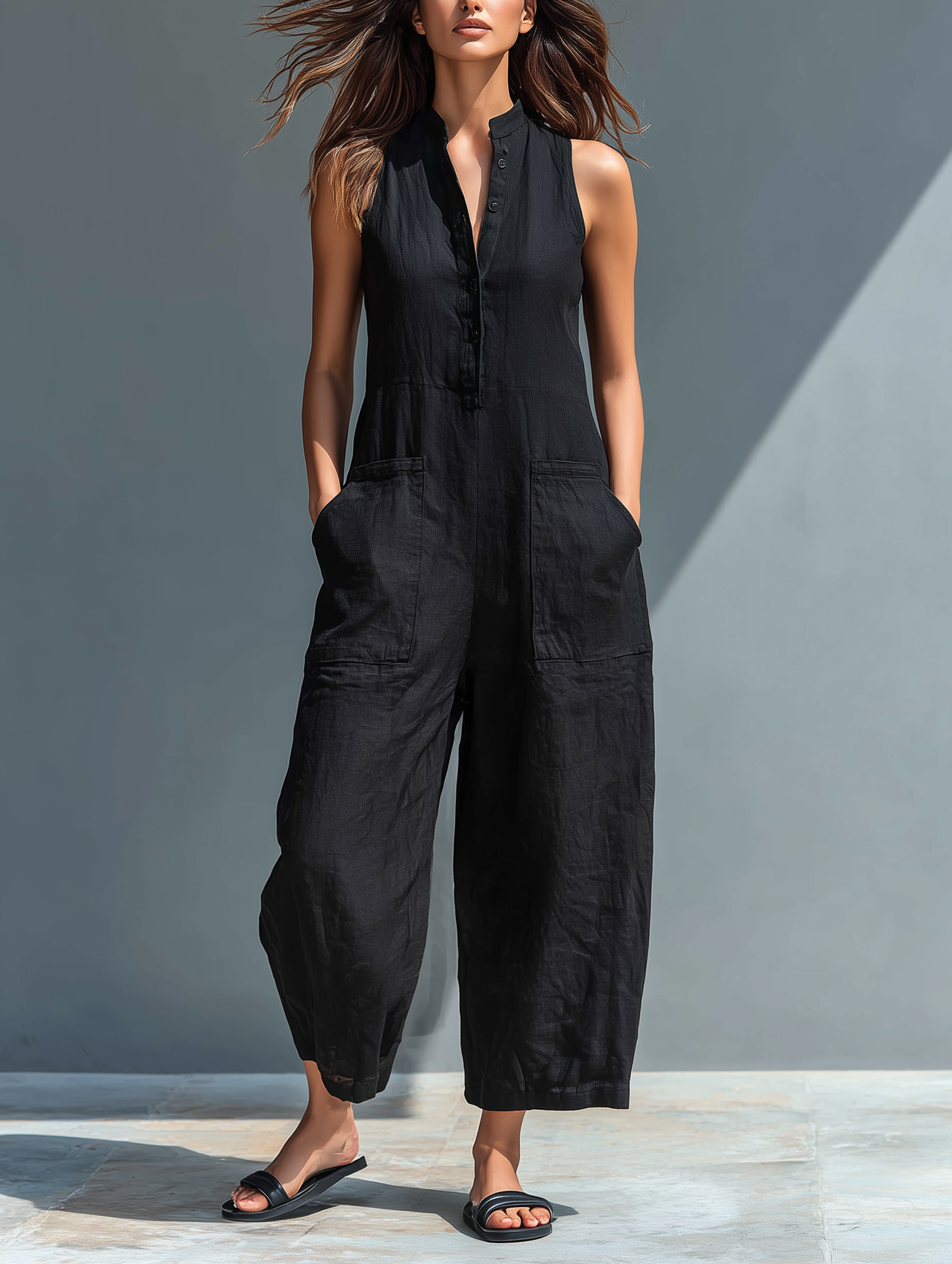 Mina | Dames Jumpsuit - Ademend Linnenmix, Mouwloos Design Zwart