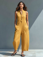 Mina | Dames Jumpsuit - Ademend Linnenmix, Mouwloos Design Geel