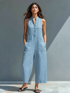 Mina | Dames Jumpsuit - Ademend Linnenmix, Mouwloos Design Blauw