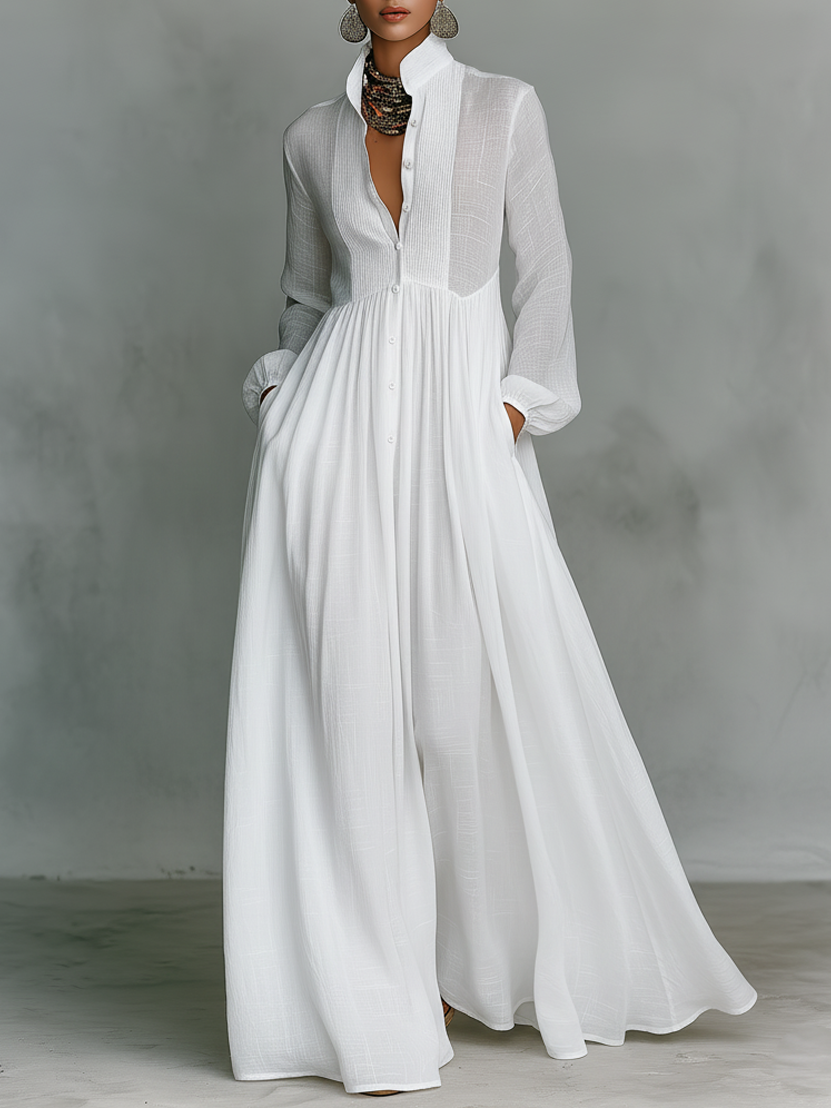 Mina | Dames Maxi Jurk - Katoen en Linnen, Minimalistisch Lange Mouwen Wit