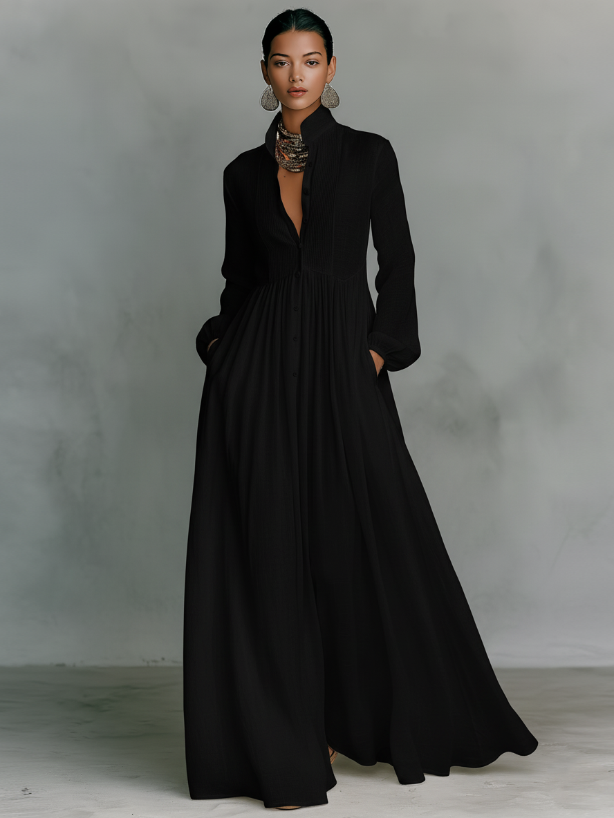 Mina | Dames Maxi Jurk - Katoen en Linnen, Minimalistisch Lange Mouwen Zwart