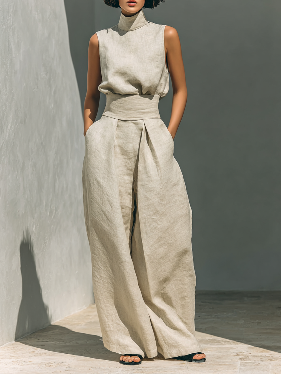 Mina | Dames Set - Katoen-Linnenmix, Mouwloos Tweedelige Set Dames Khaki