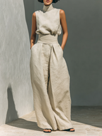Mina | Dames Set - Katoen-Linnenmix, Mouwloos Tweedelige Set Dames Khaki