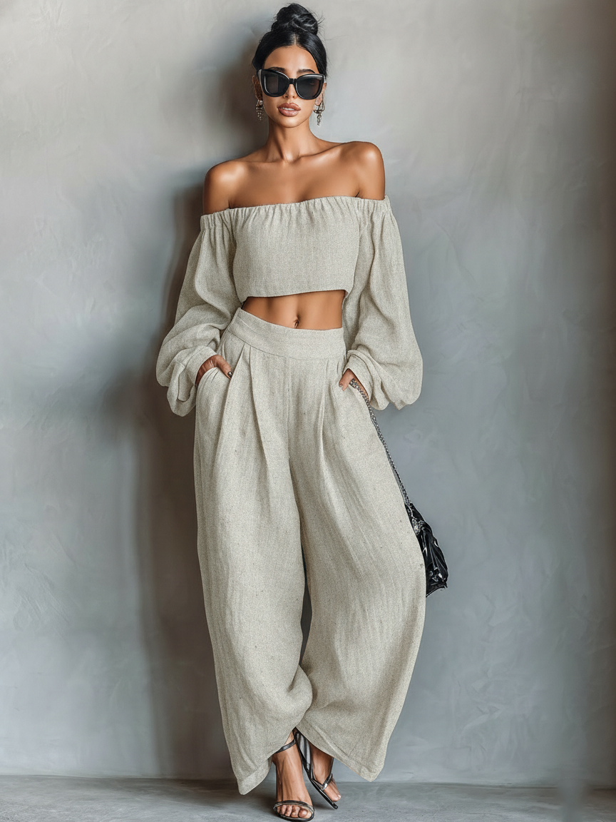 Mina | Dames Set - Linnenmix, Strapless Blouse en Wijde Broek Ivoor Wit