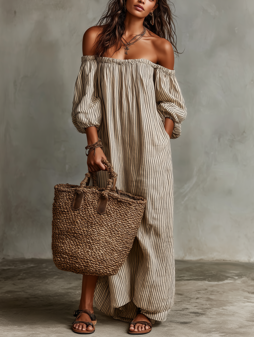 Mira | Dames Lange Jurk - Katoen-Linnenmix, Off-Shoulder Maxi Jurk Beige