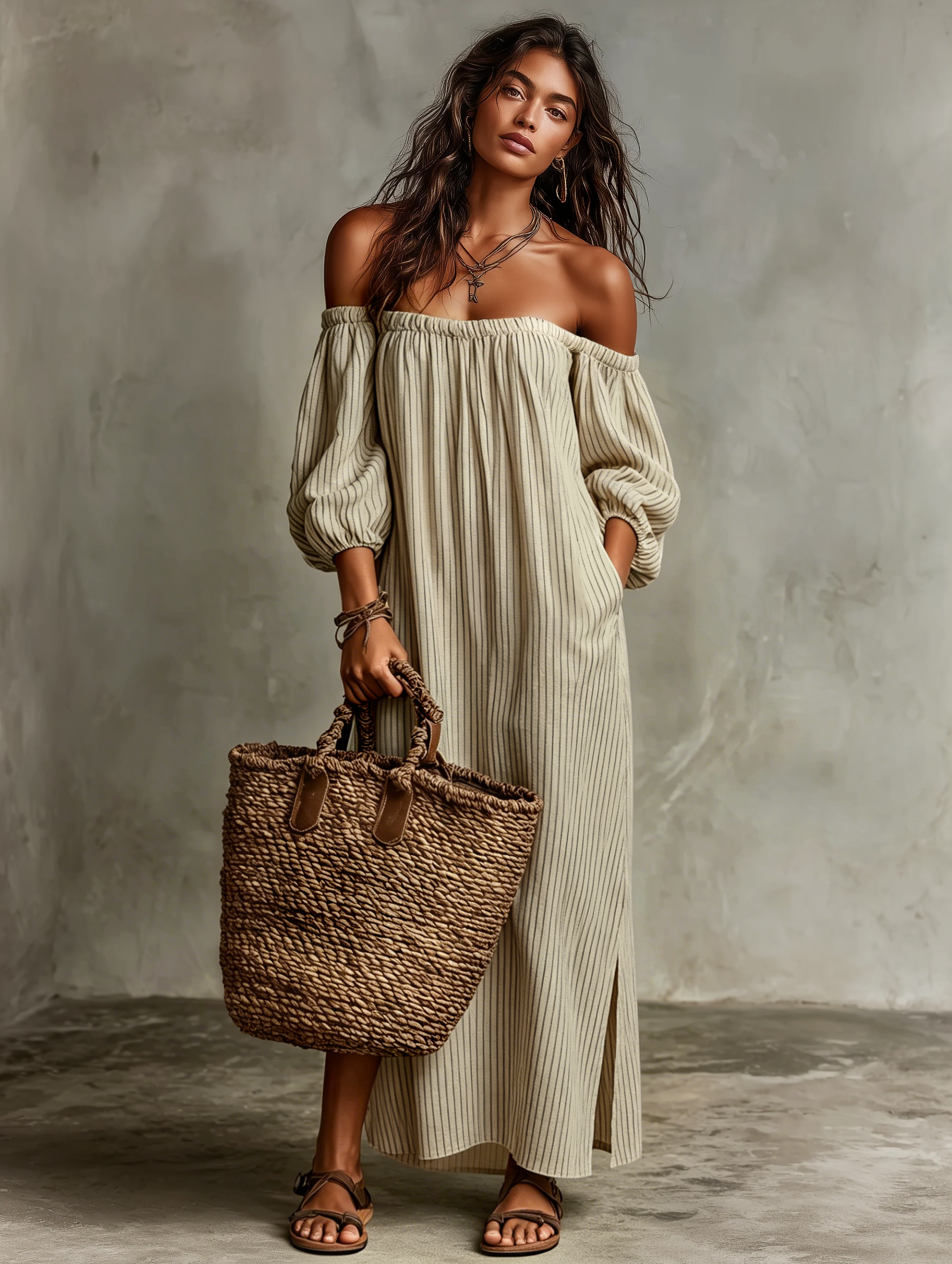 Mira | Dames Lange Jurk - Katoen-Linnenmix, Off-Shoulder Maxi Jurk