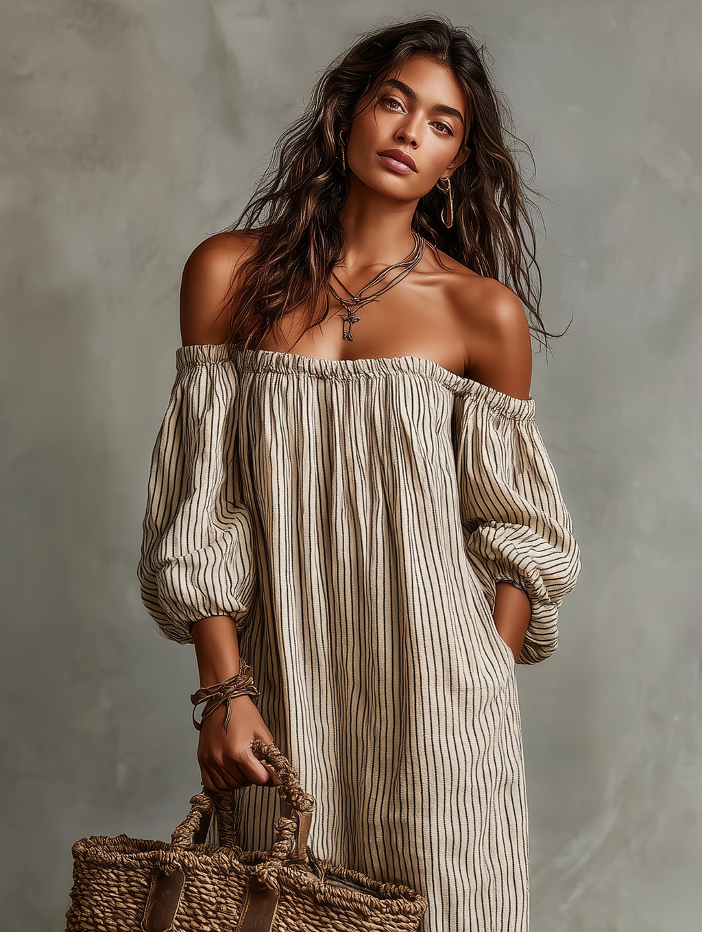 Mira | Dames Lange Jurk - Katoen-Linnenmix, Off-Shoulder Maxi Jurk