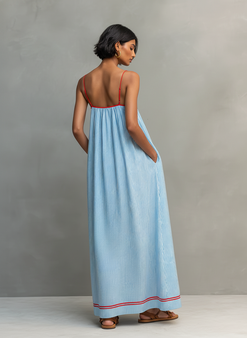 Mira | Dames Lange Maxi Jurk - Gestreept met Rode Bies, Spaghettibandjes