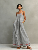 Mira | Dames Lange Maxi Jurk - Gestreept met Rode Bies, Spaghettibandjes Lichtgrijs