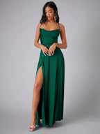 Mira | Dames Lange Maxi Jurk - Spaghettibandjes, Hoge Split Groen