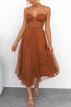 Mira | Dames Lange Zomerjurk - Chiffon, Mouwloos, Enkellengte Roestbruin