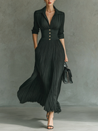 Mira | Dames Maxi-jurk - Geplooide Revers, Lange Mouwen
