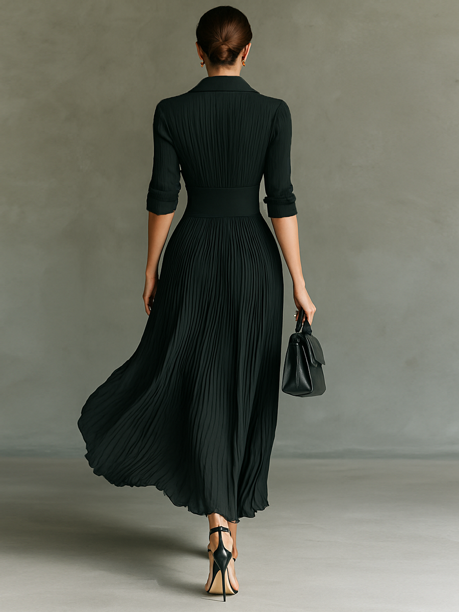 Mira | Dames Maxi-jurk - Geplooide Revers, Lange Mouwen