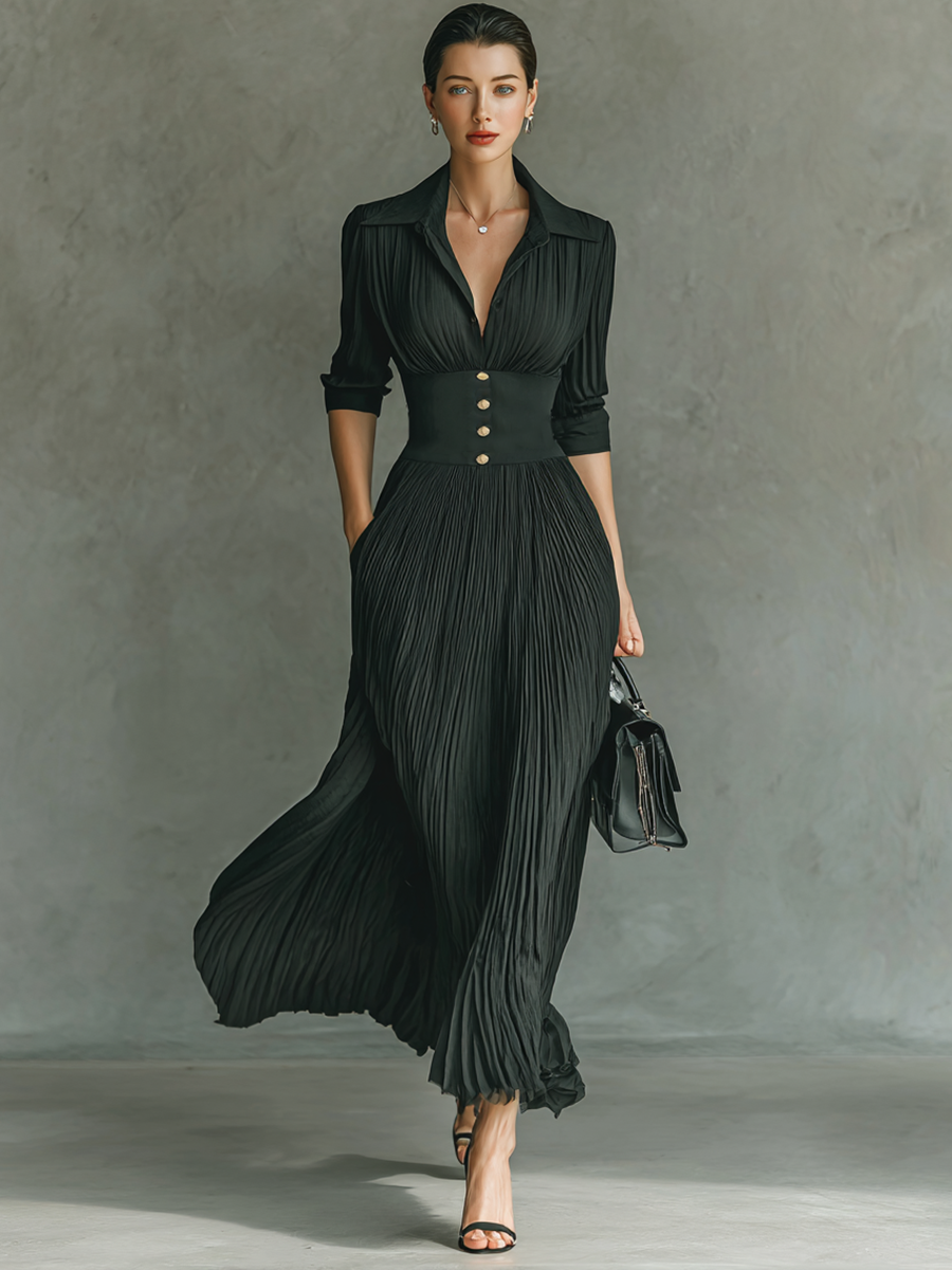 Mira | Dames Maxi-jurk - Geplooide Revers, Lange Mouwen