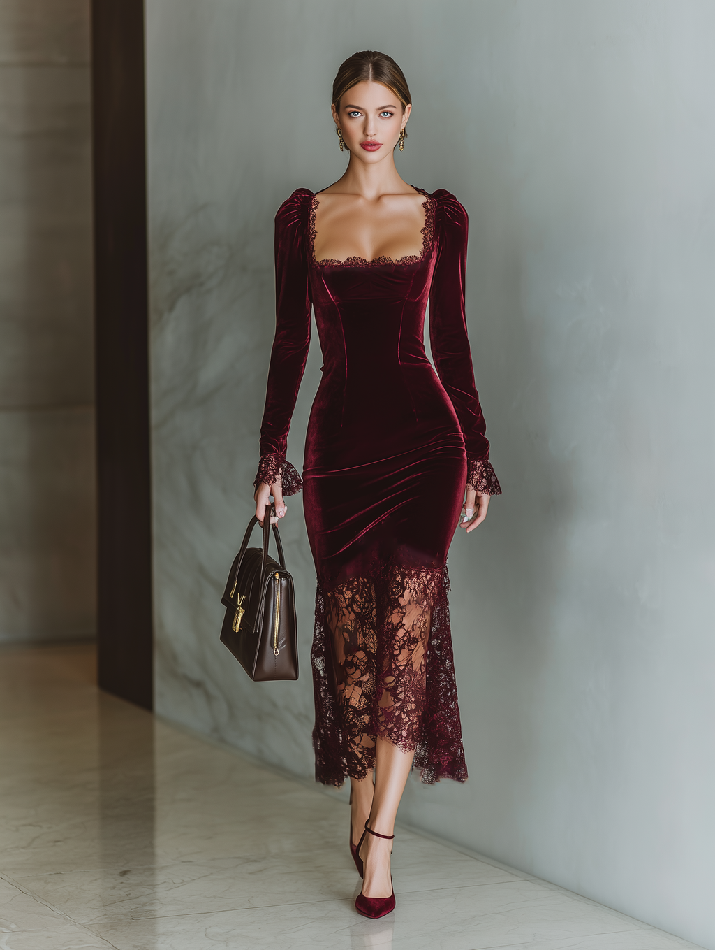 Mira | Dames Maxi Jurk - Bordeaux Fluweel