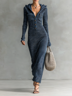 Mira | Dames Maxi Jurk - Gebreide Stof met Capuchon en Lange Mouwen Navy