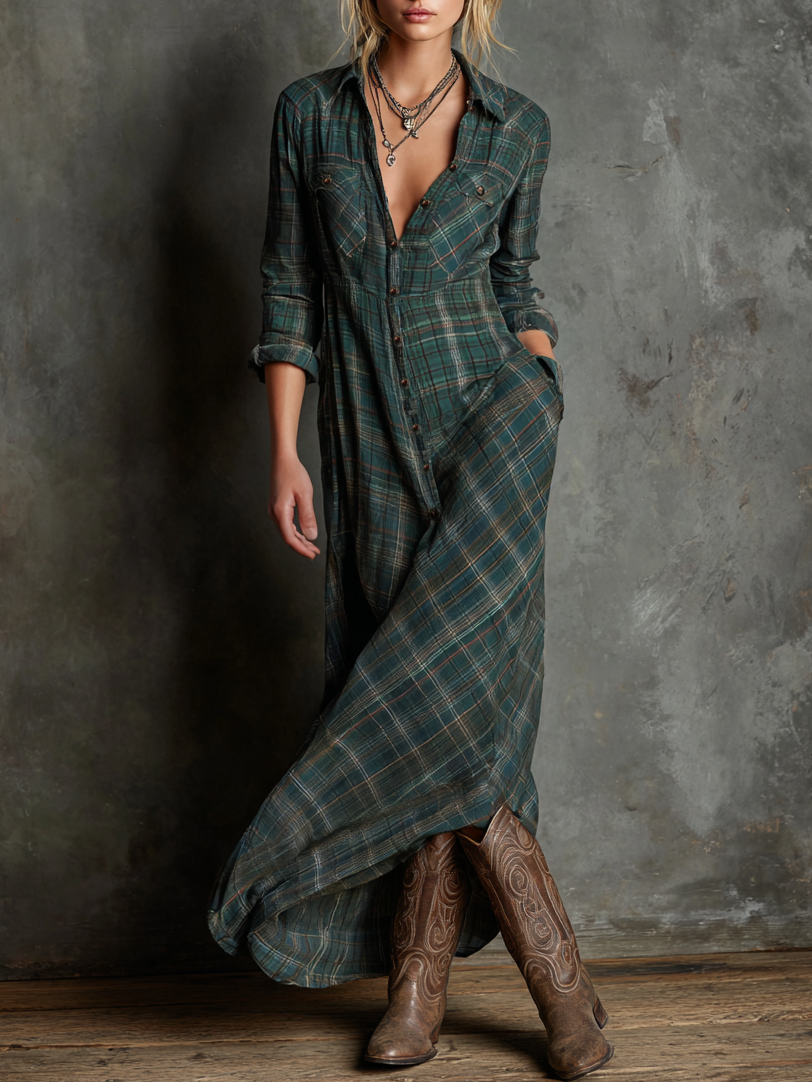 Mira | Dames Maxi Jurk - Geruite Katoen met Lange Mouwen, Casual Chic Groen