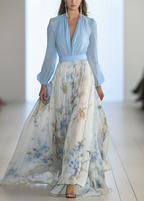Mira | Dames Maxi Jurk - Lange Mouwen, Diepe V-hals, Bloemenprint