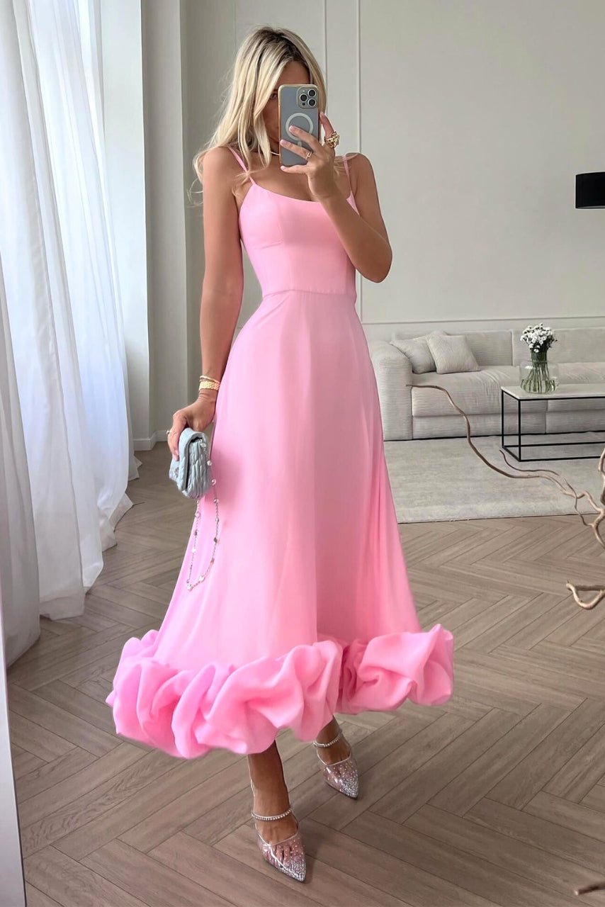 Mira | Dames Maxi Jurk - Spaghettibandjes, Ruches, Zomerstijl Roze