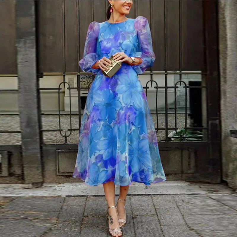 Mira | Dames Midi-jurk - Bloemenprint met Doorschijnende Mouwen Blauw